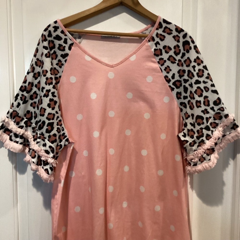 Pink Polka Dot Blouse with Leopard Print Sleeves